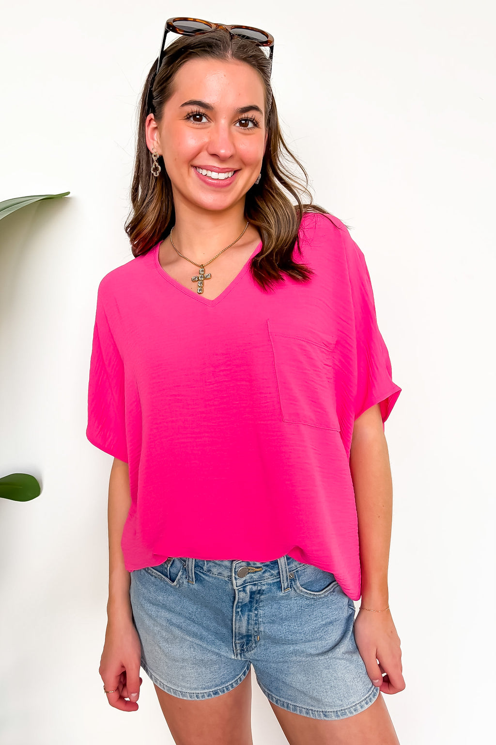 Fuchsia / S Have It Here V-Neck Pocket Airflow Top - Madison and Mallory