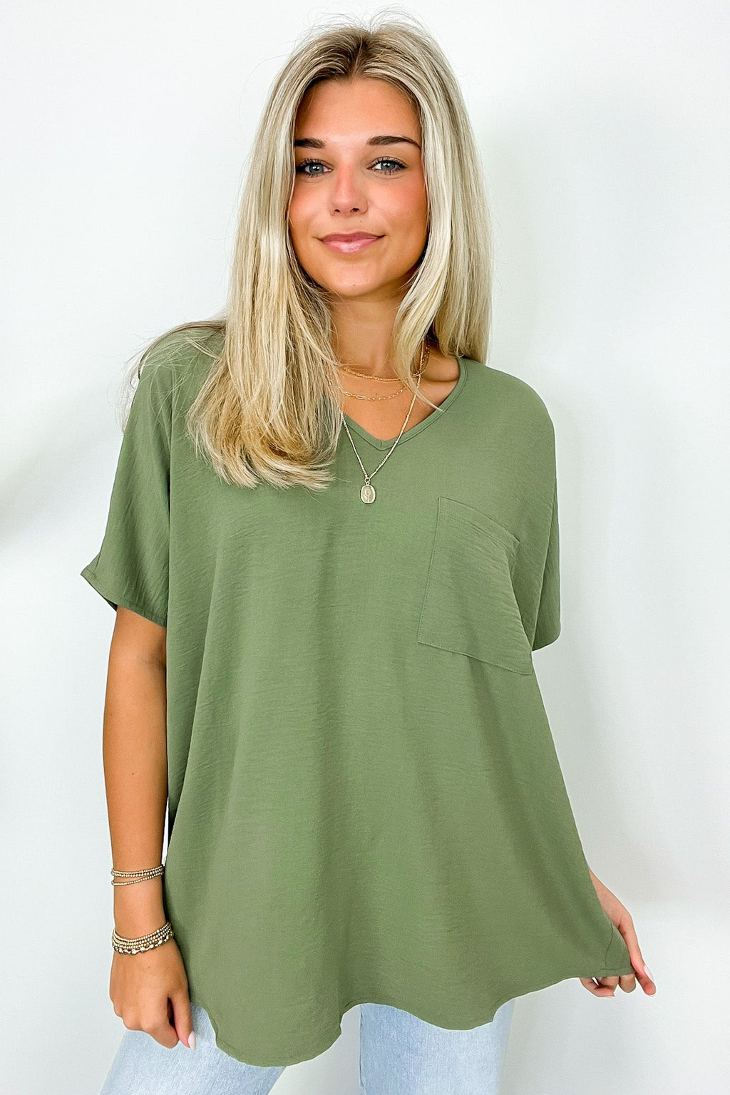 Light Olive / S Have It Here V-Neck Pocket Airflow Top - Madison and Mallory