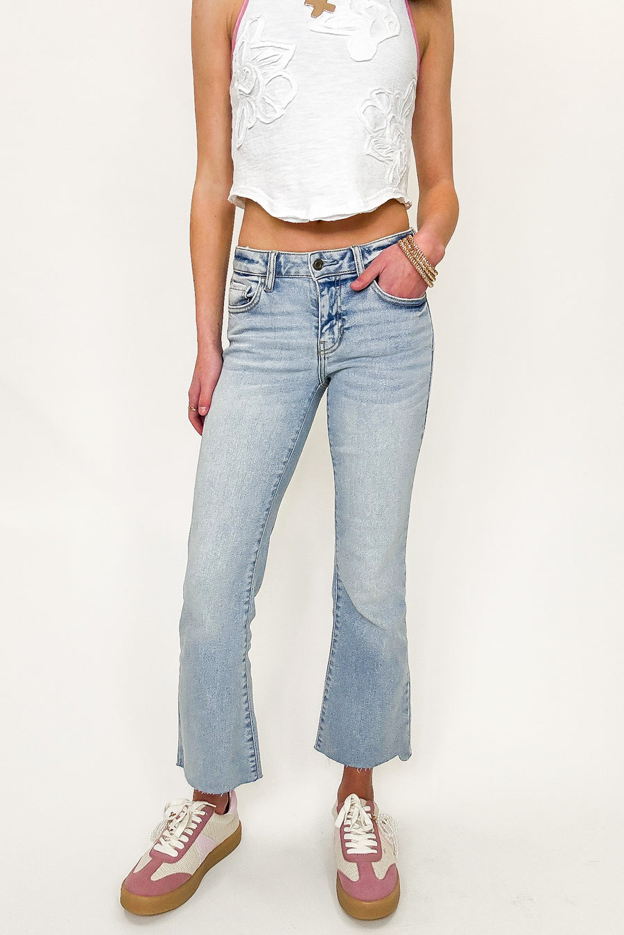 1 / Light Denim Heritage Mid Rise Crop Flare Jeans - Madison and Mallory