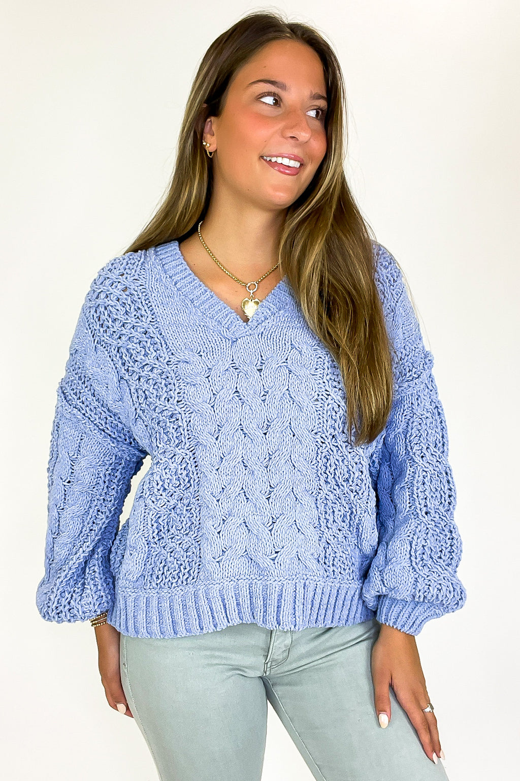 S / Evening Blue Heritage Knit V-Neck Cable Sweater - FINAL SALE - Madison and Mallory
