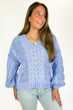 S / Evening Blue Heritage Knit V-Neck Cable Sweater - FINAL SALE - Madison and Mallory
