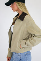 Highland Contrast Corduroy Collar Zip-Up Jacket - Madison and Mallory