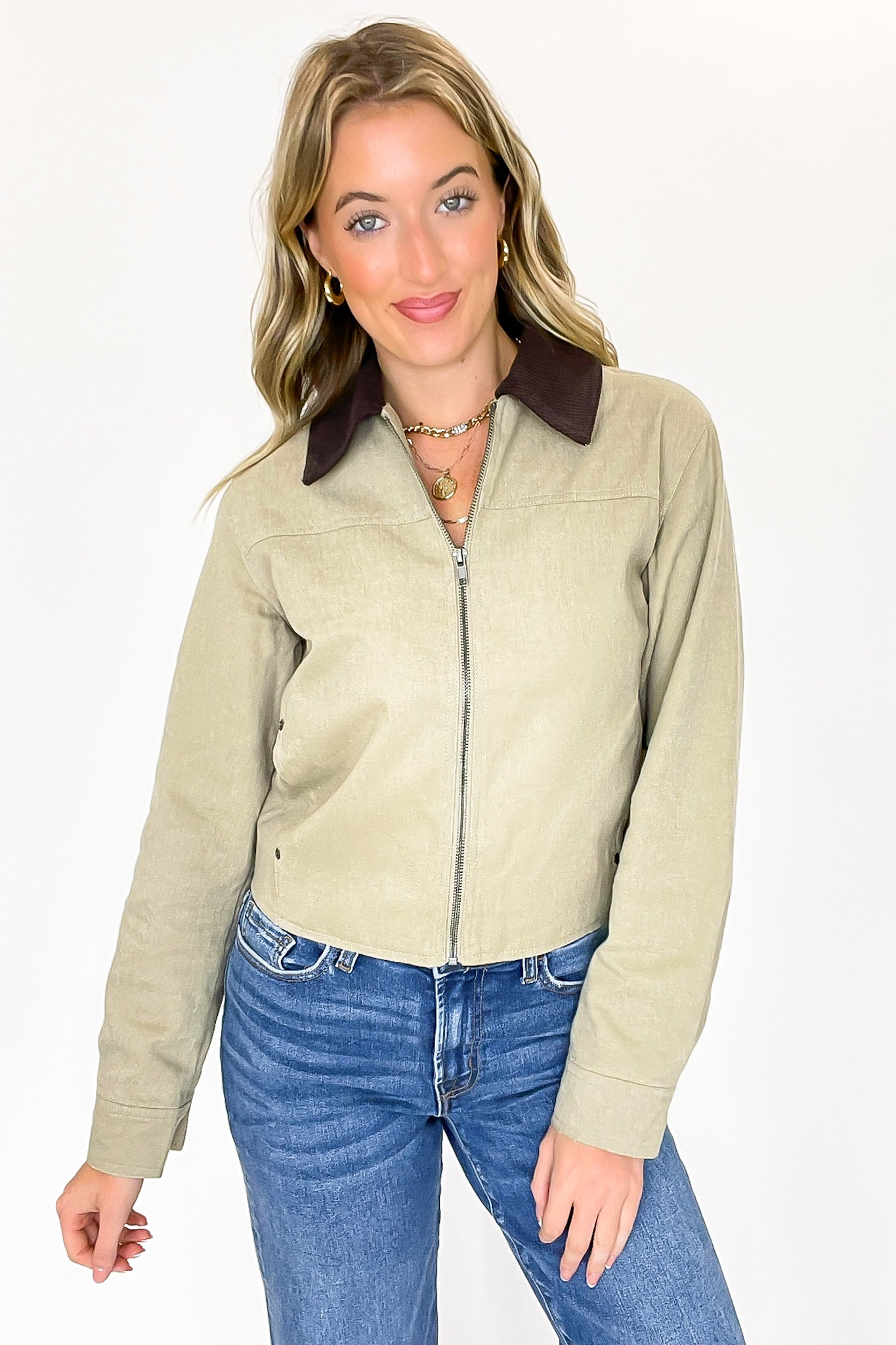 Highland Contrast Corduroy Collar Zip-Up Jacket - Madison and Mallory