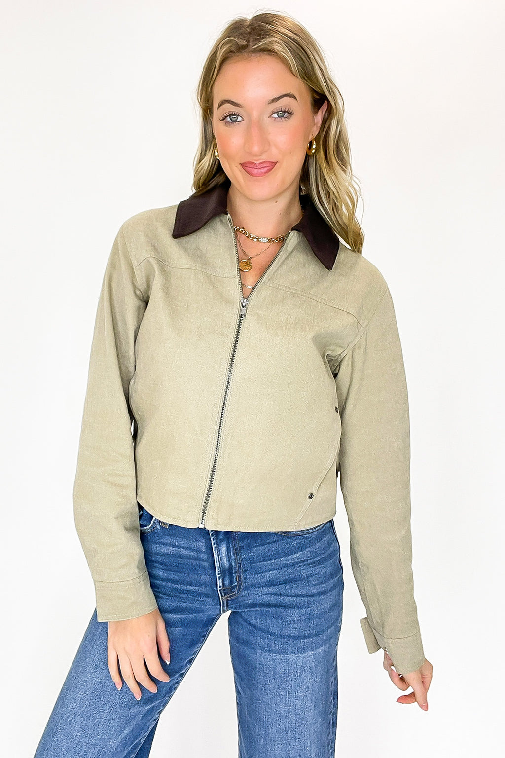 Highland Contrast Corduroy Collar Zip-Up Jacket - FINAL SALE - Madison and Mallory
