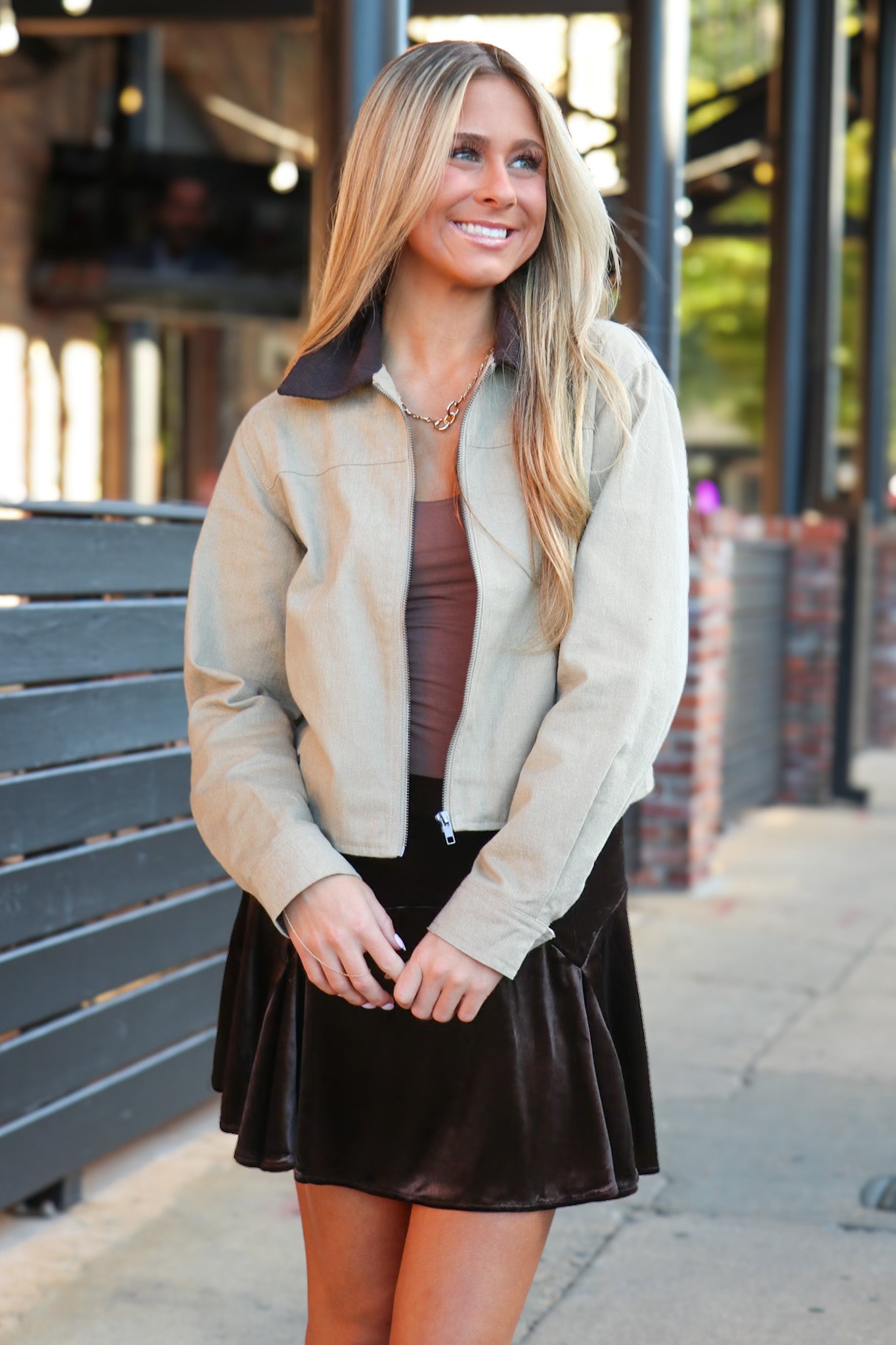 Highland Contrast Corduroy Collar Zip-Up Jacket - Madison and Mallory
