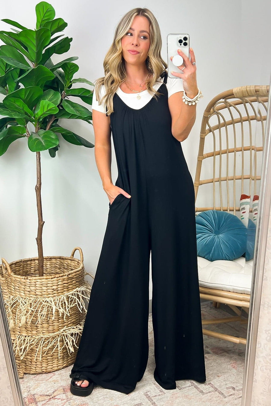 Black / S Hilanna Adjustable Strap Oversized Lounge Jumpsuit - BACK IN STOCK - Madison and Mallory