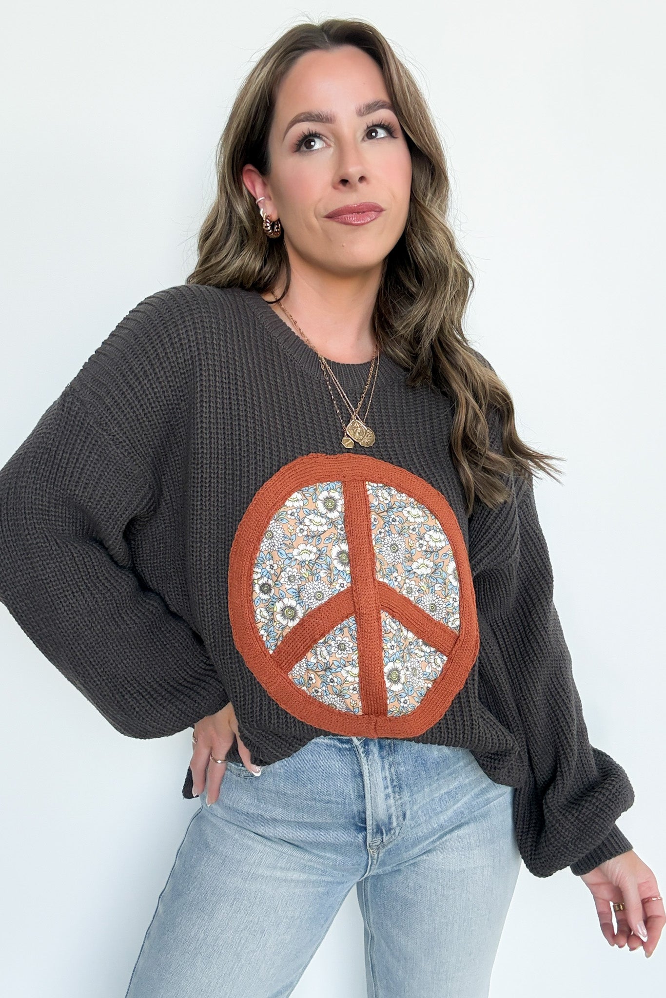 S / Charcoal Hippie Era Patch Peace Sweater - Madison and Mallory