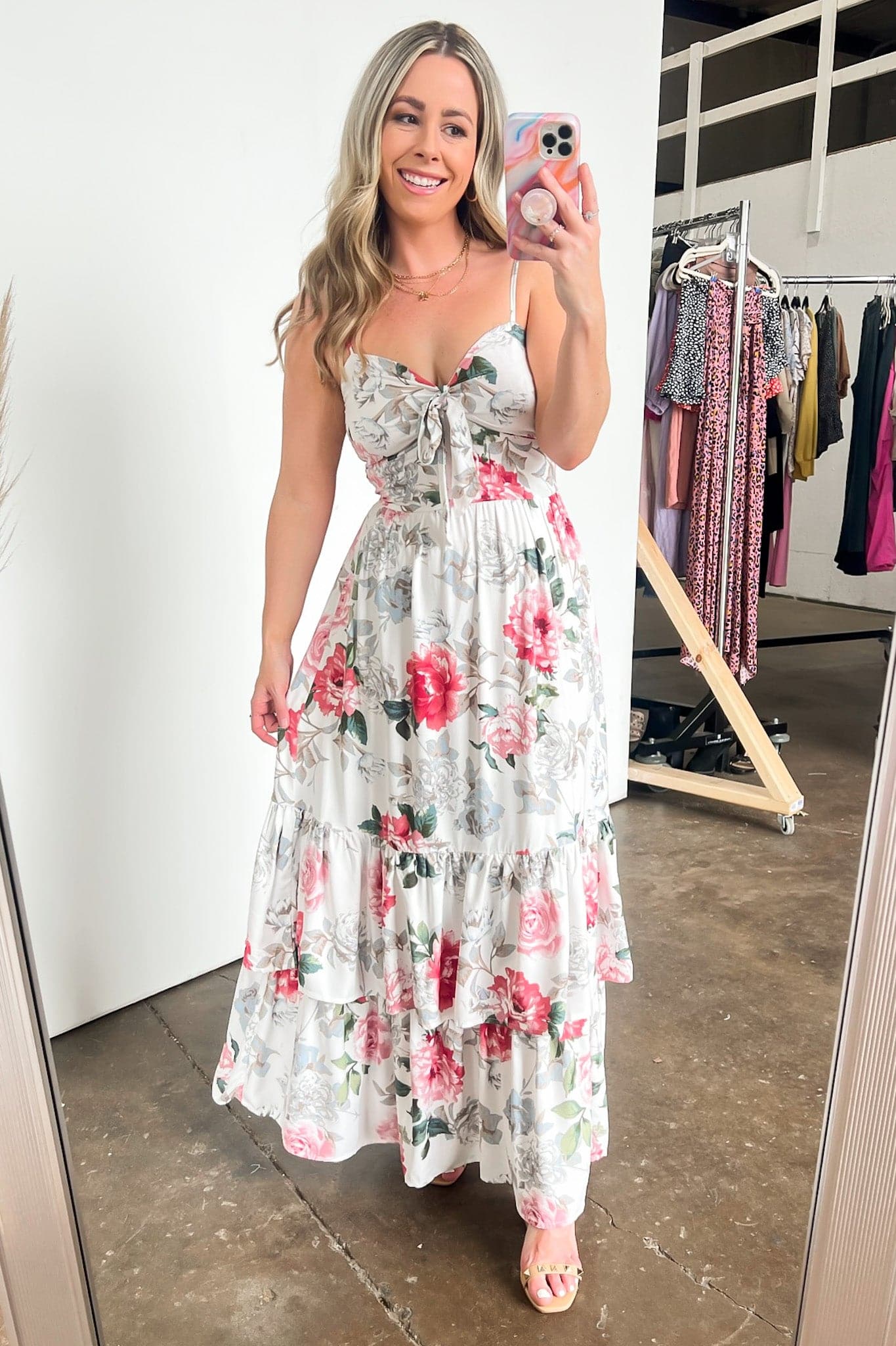 S / Cream/Pink Hollin Floral Print Tiered Maxi Dress - FINAL SALE - Madison and Mallory