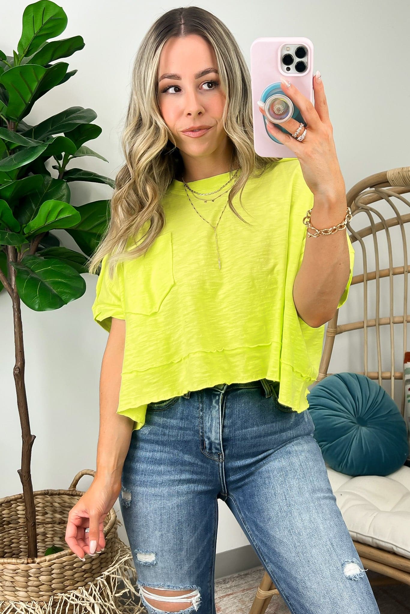  Honovi Half Sleeve Raw Edge Pocket Top - Madison and Mallory
