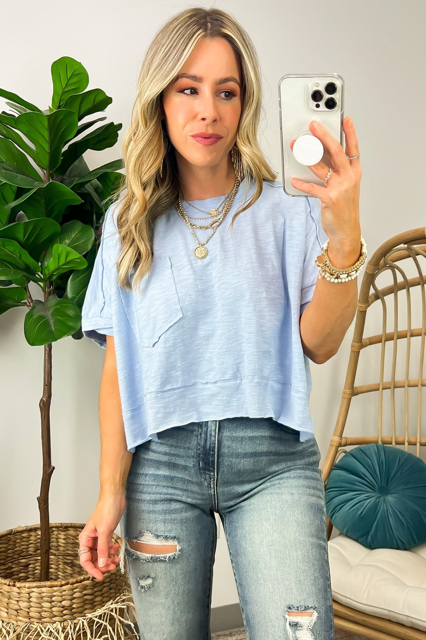  Honovi Half Sleeve Raw Edge Pocket Top - Madison and Mallory
