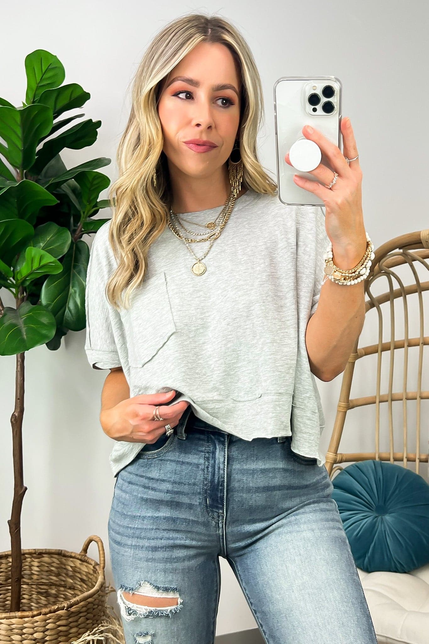  Honovi Half Sleeve Raw Edge Pocket Top - Madison and Mallory