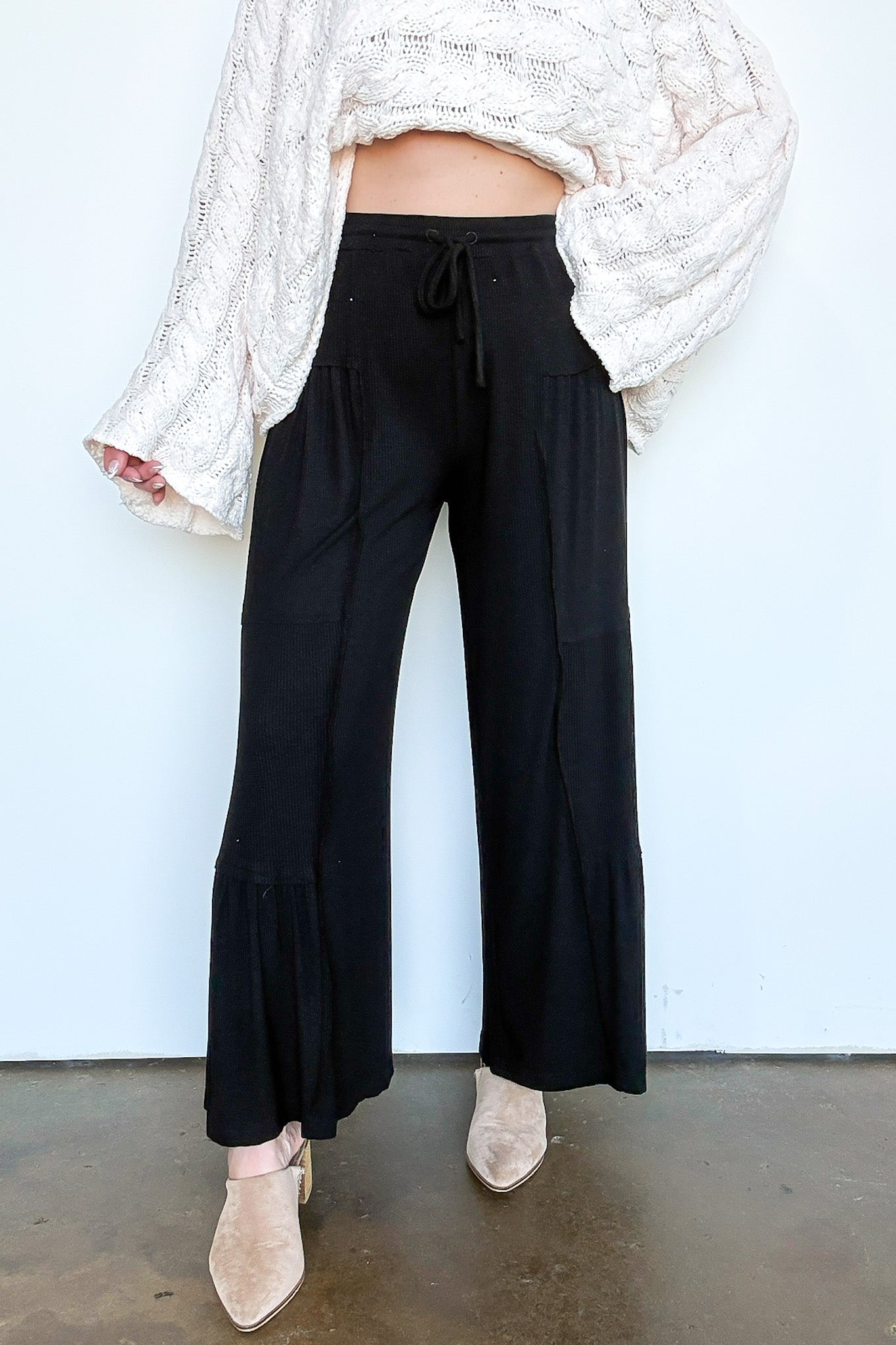 S / Black Naiara Ribbed Contrast Flowy Pants - Madison and Mallory