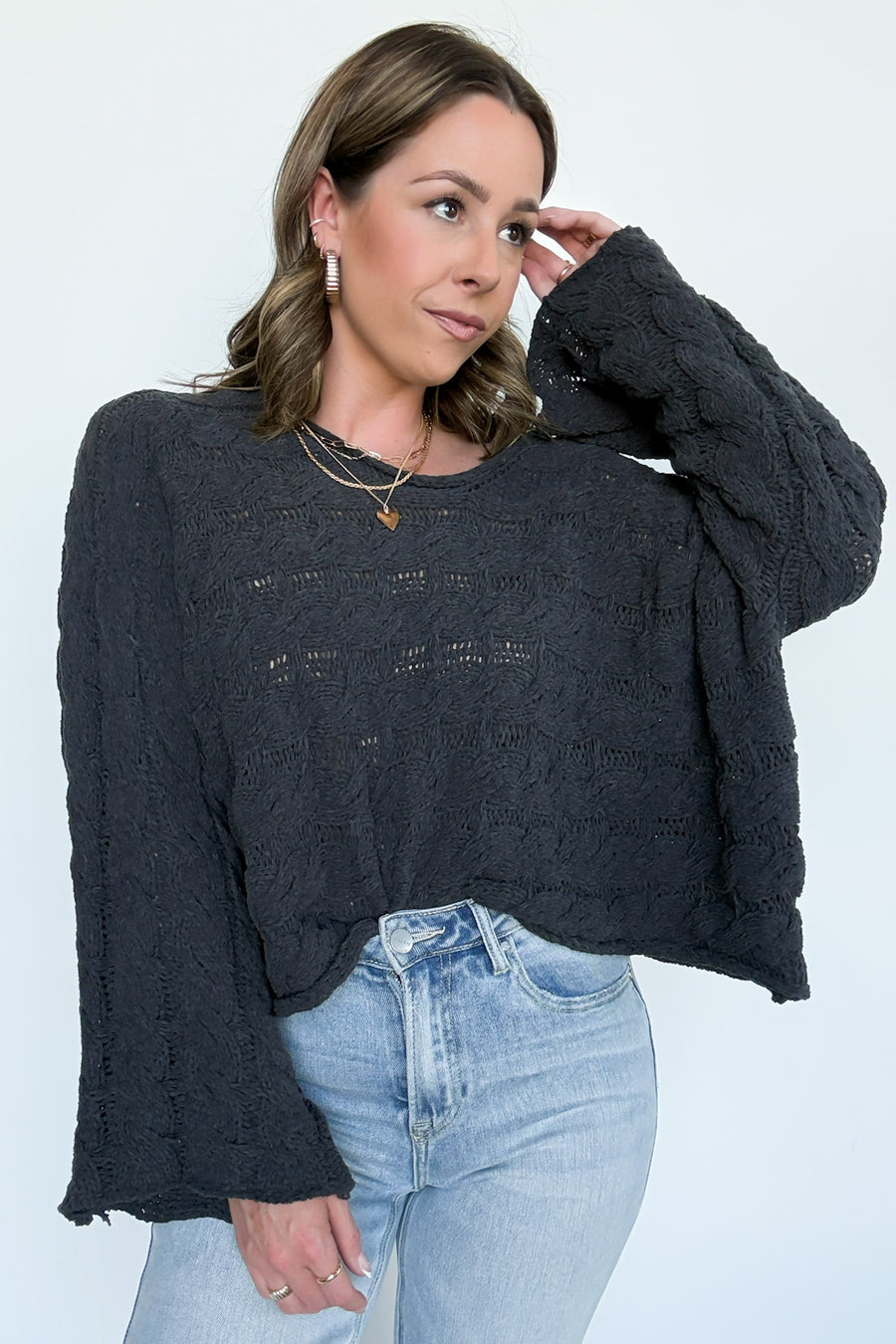 Charcoal / S Sara Bell Sleeve Chenille Knit Sweater - Madison and Mallory