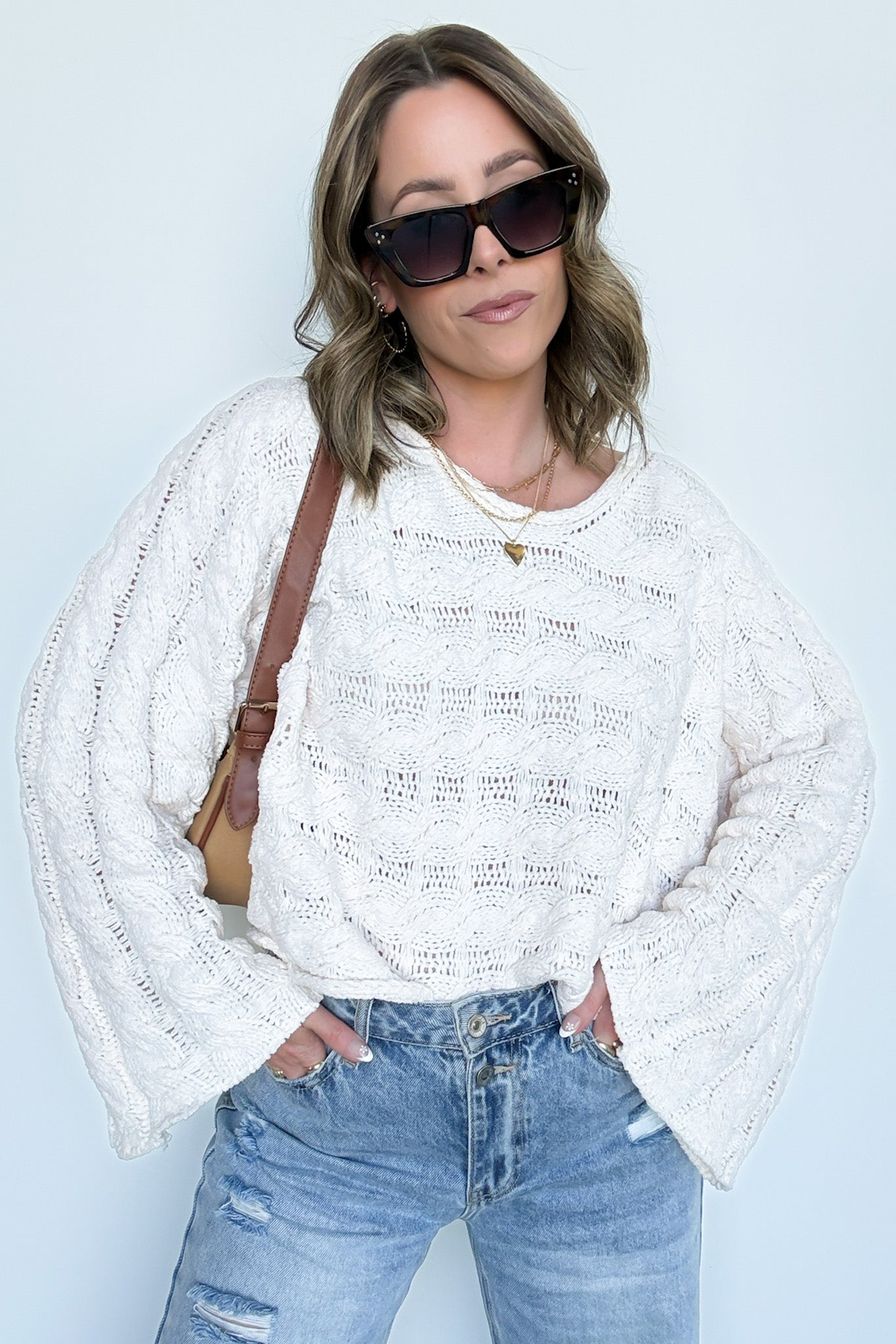 Cream / S Sara Bell Sleeve Chenille Knit Sweater - Madison and Mallory