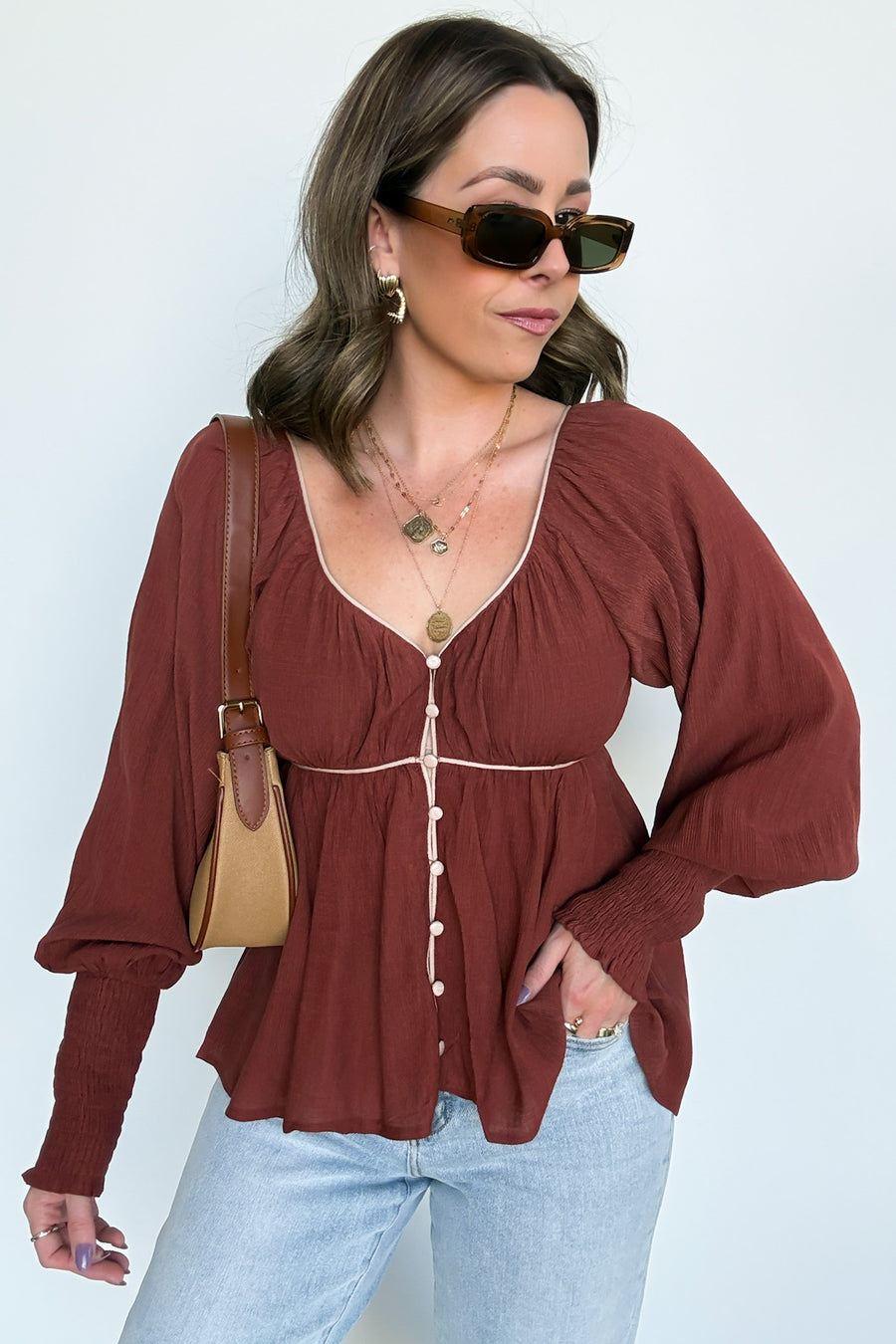 Brick / S Ella Button Front Peplum Top - Madison and Mallory