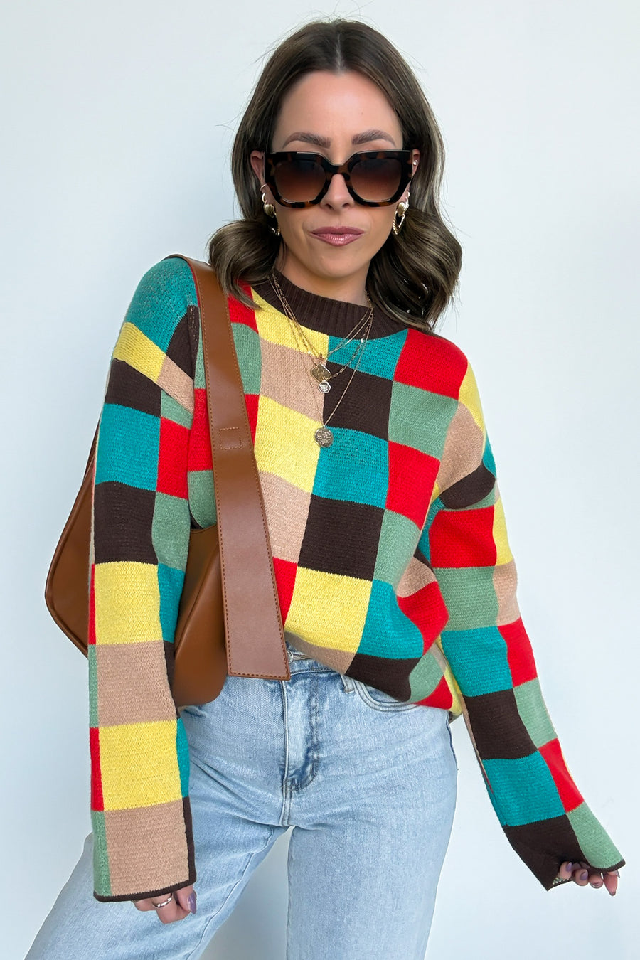 S / Brown Multi Check Please Multi Color Knit Sweater - Madison and Mallory