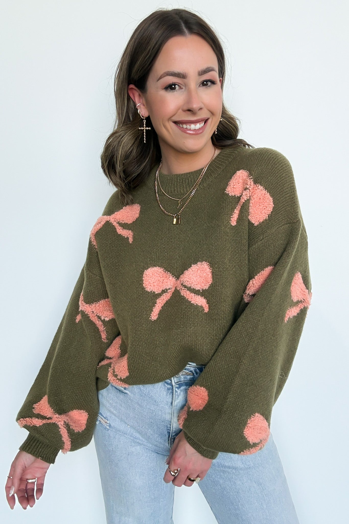 Olive/Coral / S Ribbons and Bows Oversized Knit Sweater - Madison and Mallory