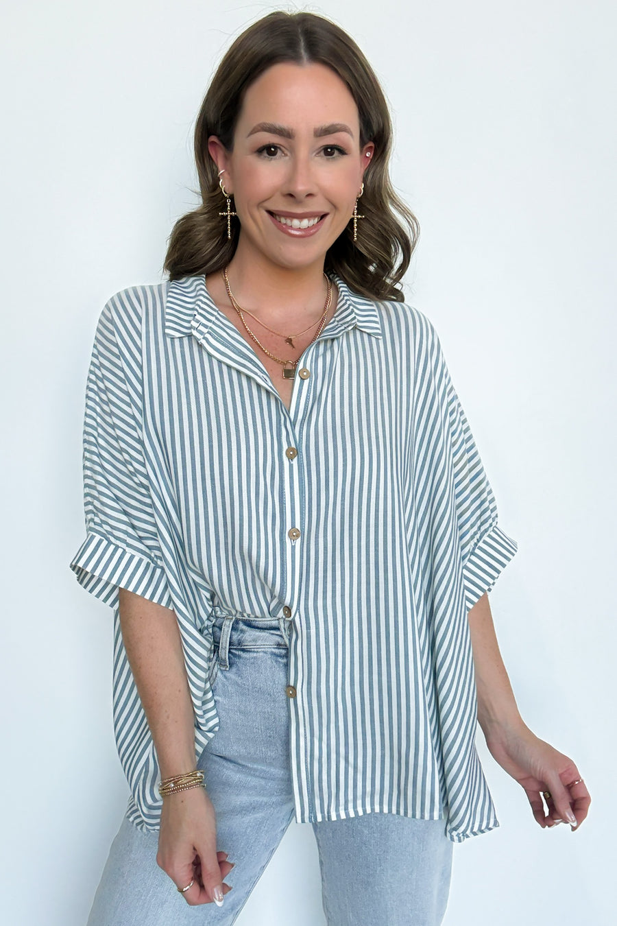 Teal / SM JoJo Striped Button Down Relaxed Top - BACK IN STOCK - Madison and Mallory