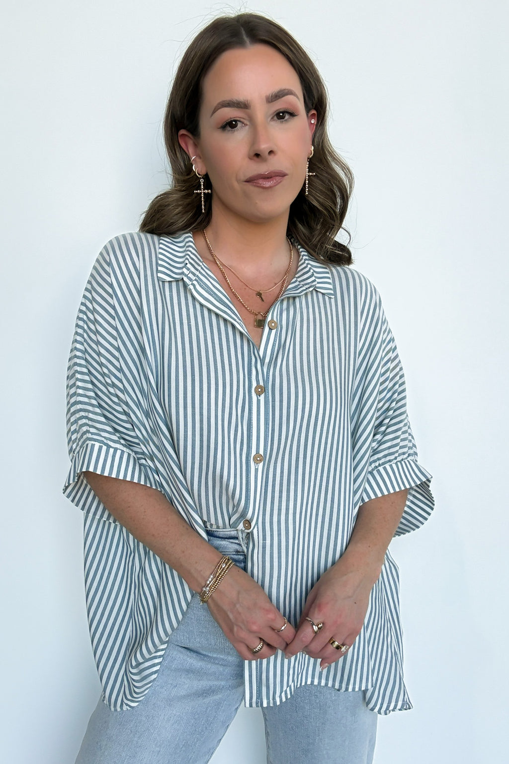 JoJo Striped Button Down Oversized Top - BACK IN STOCK - Madison and Mallory