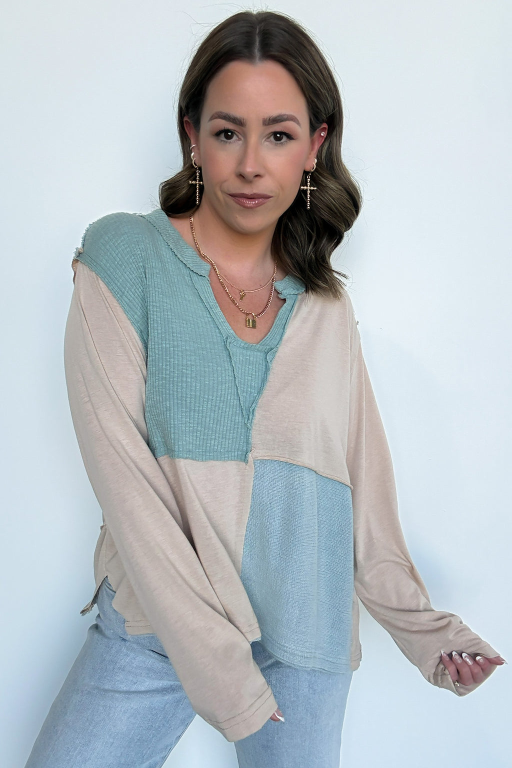 Karmen Notched Neck Color Block Contrast Top - FINAL SALE - Madison and Mallory