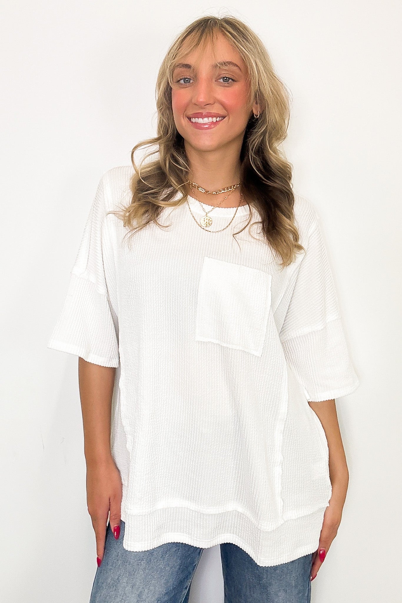 Go With It Raw Edge Relaxed Pocket Top - Madison and Mallory