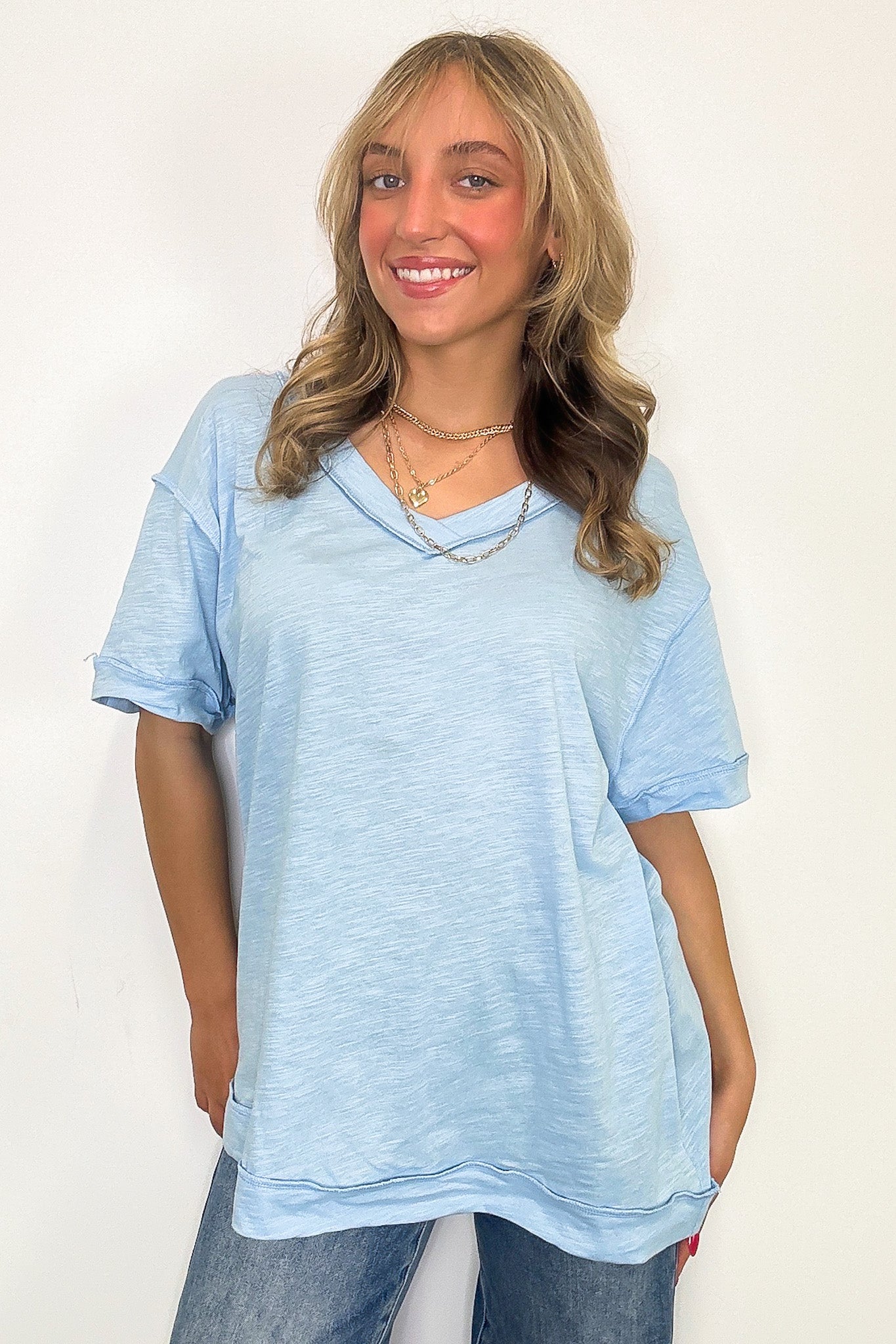 Light Blue / S Retro Pop Relaxed V-Neck Short Sleeve Top - Madison and Mallory