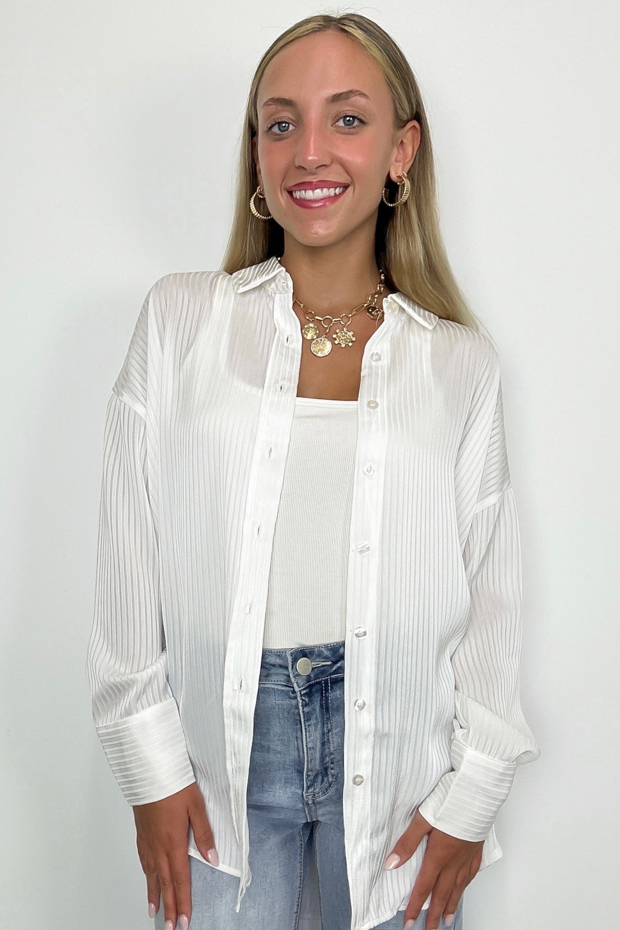 White / S Samantha Satin Pinstripe Button Down Top - FINAL SALE - Madison and Mallory