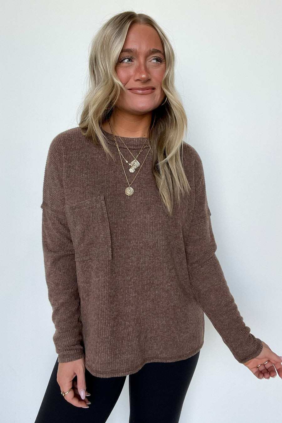 Brown / S Chill Essentials Ribbed Brushed Knit Pocket Top - Madison and Mallory