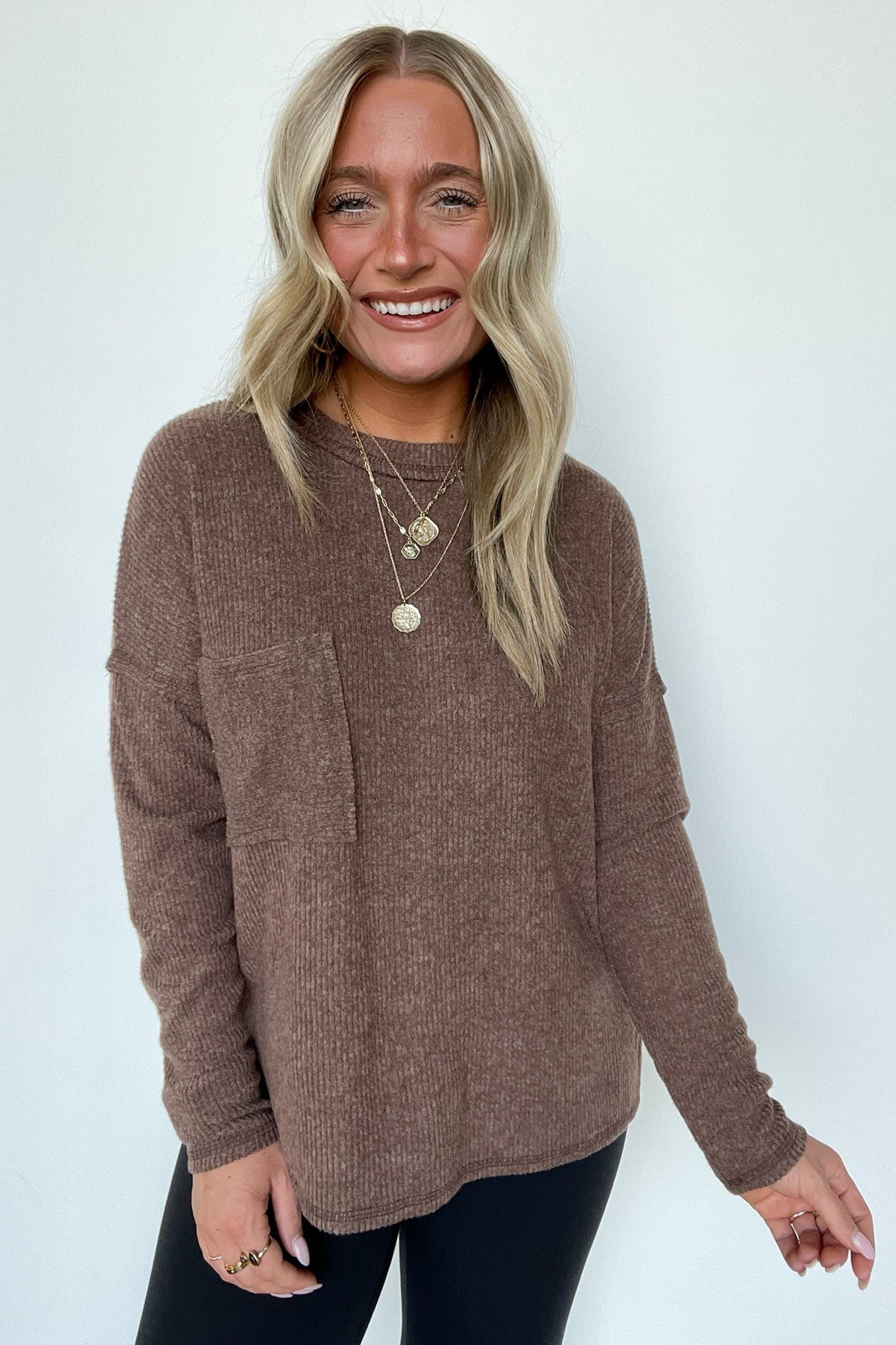  Chill Essentials Ribbed Brushed Knit Pocket Top - Madison and Mallory