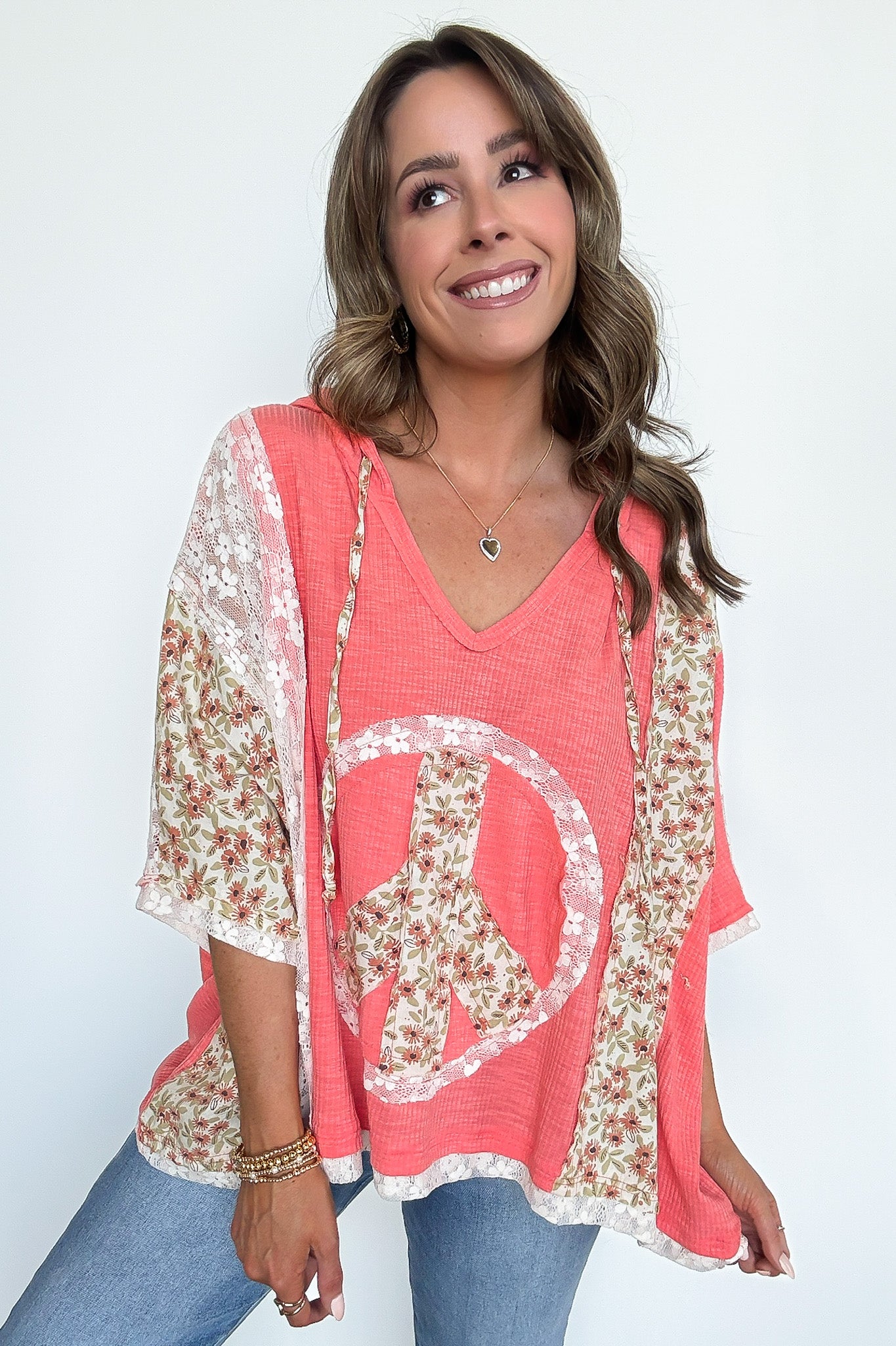 Neon Peach/Sand / S Outta Sight V-Neck Floral Peace Contrast Top - Madison and Mallory