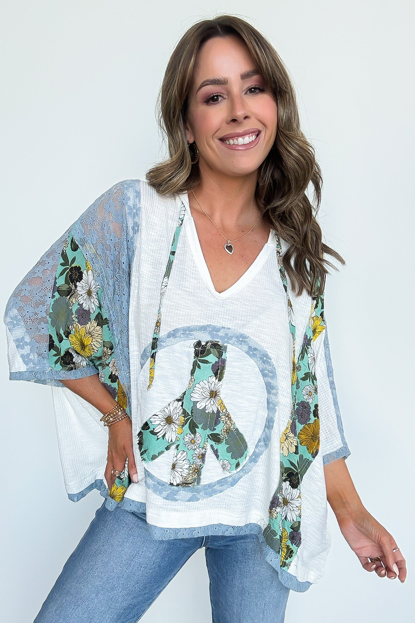 Outta Sight V-Neck Floral Peace Contrast Top - Madison and Mallory