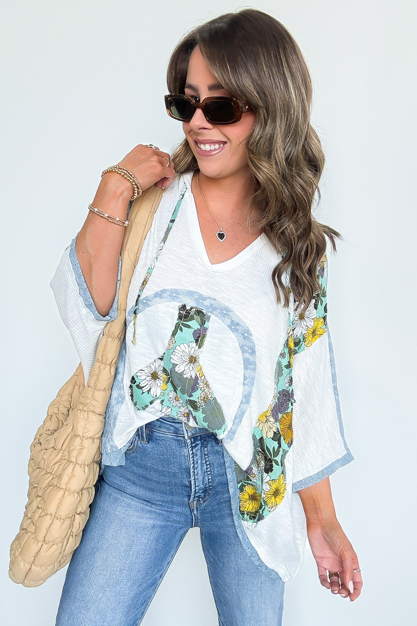 Ivory/Blue / S Outta Sight V-Neck Floral Peace Contrast Top - Madison and Mallory