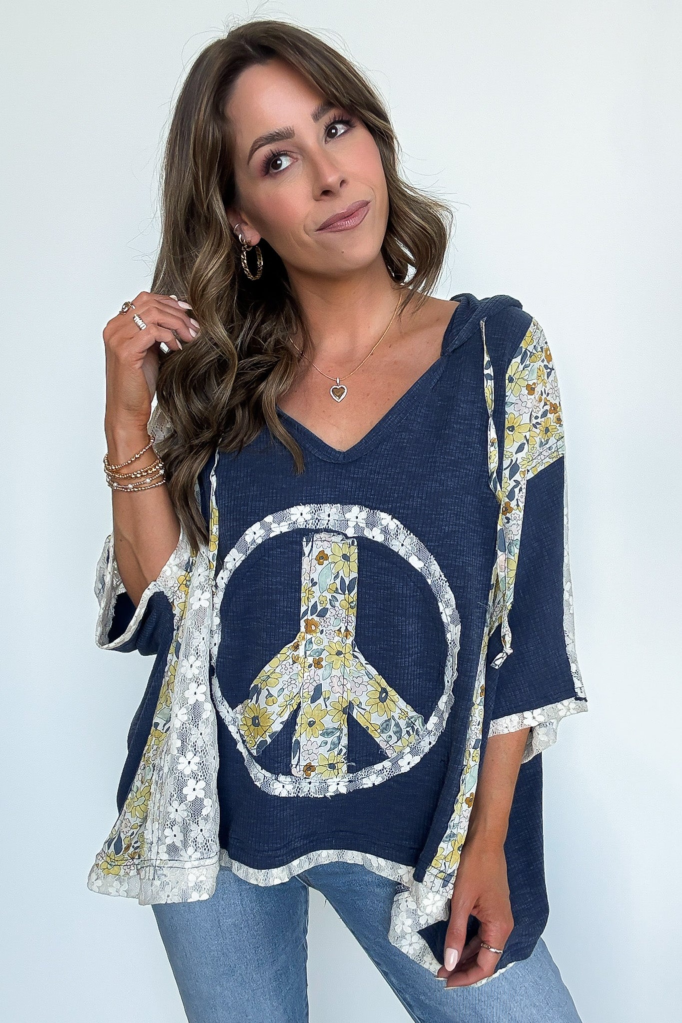 Indigo/Ivory / S Outta Sight V-Neck Floral Peace Contrast Top - Madison and Mallory