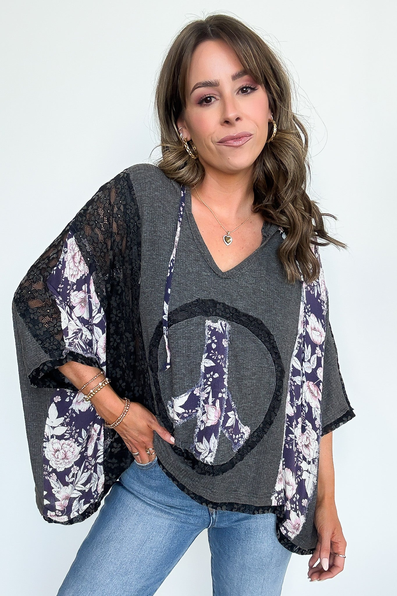 Charcoal/Black / S Outta Sight V-Neck Floral Peace Contrast Top - Madison and Mallory