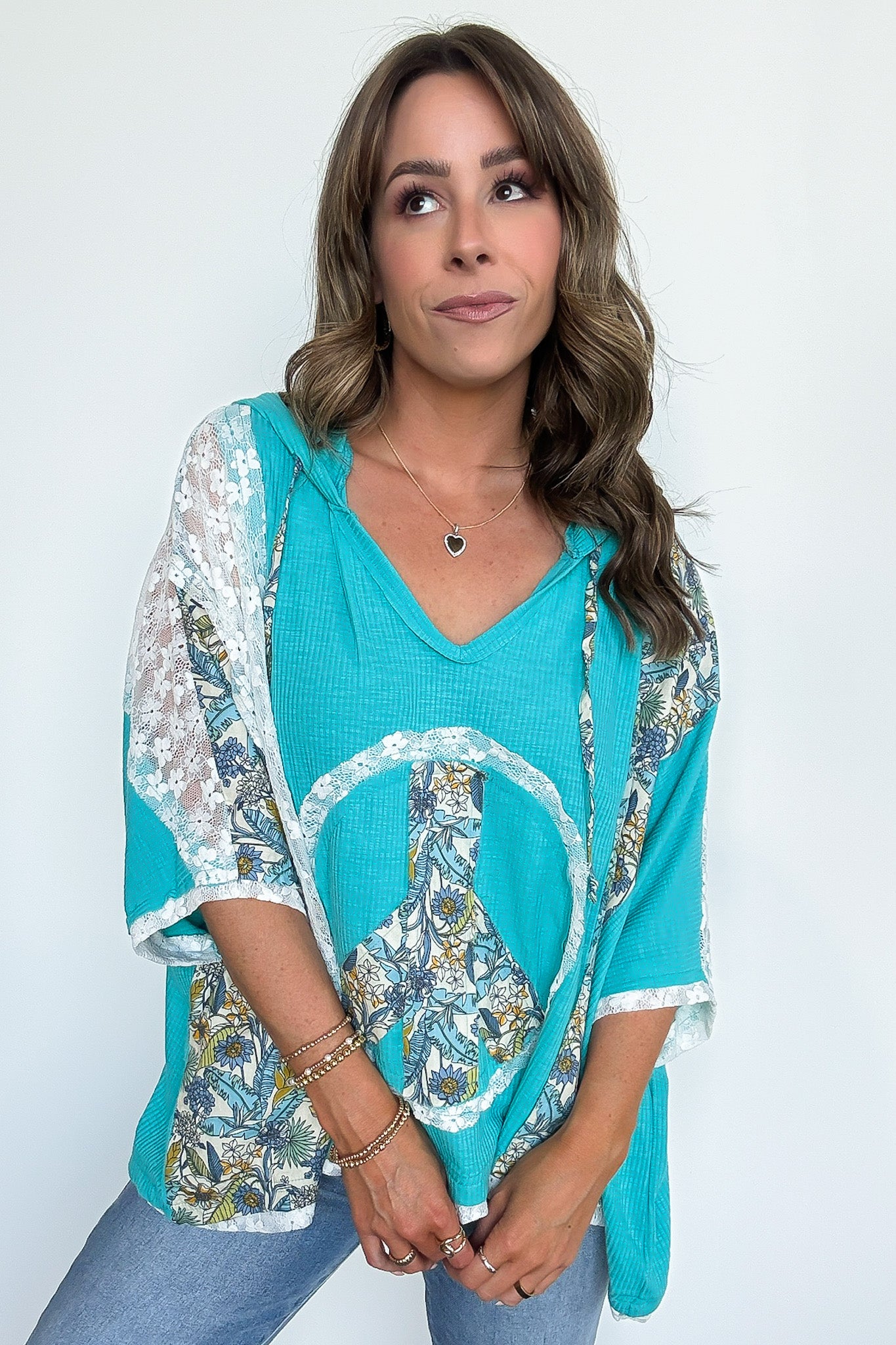 Aqua Blue/Cream / S Outta Sight V-Neck Floral Peace Contrast Top - Madison and Mallory