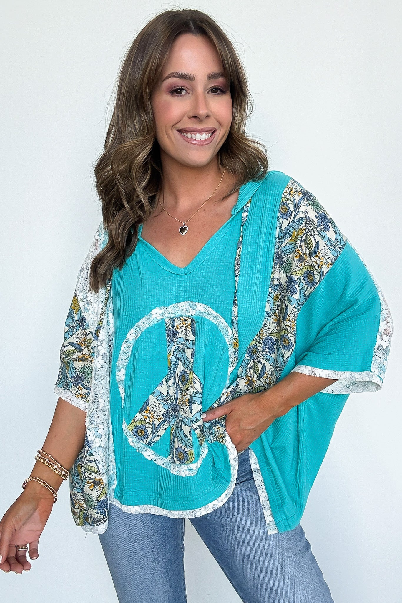 Outta Sight V-Neck Floral Peace Contrast Top - Madison and Mallory