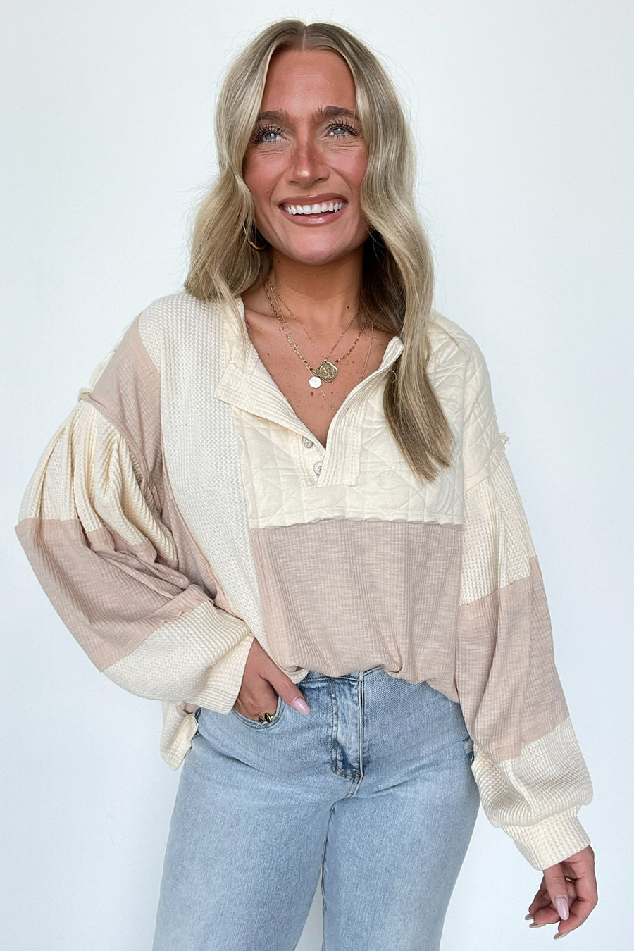 Cream Beige / S Kayleen Balloon Sleeve Thermal Top - Madison and Mallory