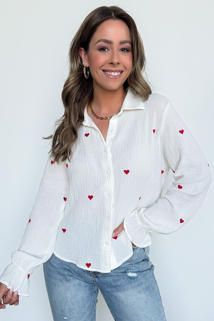 All You Need is Love Heart Embroidered Button Down - Madison and Mallory