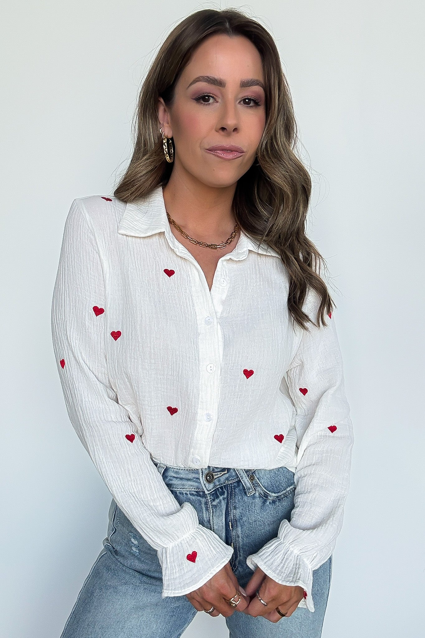 All You Need is Love Heart Embroidered Button Down - Madison and Mallory