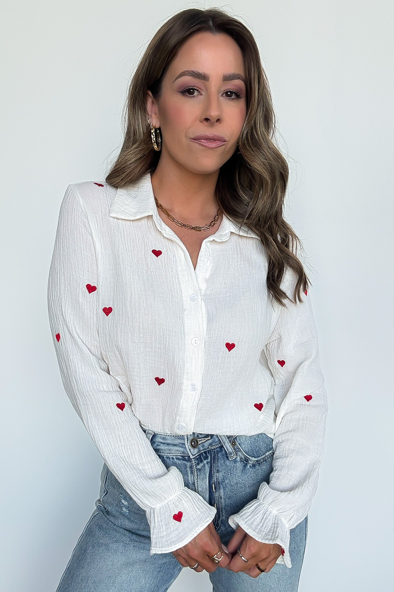 All You Need is Love Heart Embroidered Button Down - FINAL SALE - Madison and Mallory