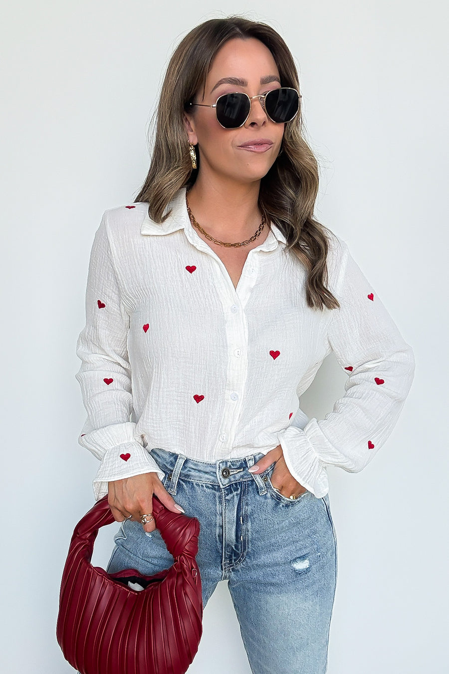 White / S All You Need is Love Heart Embroidered Button Down - Madison and Mallory