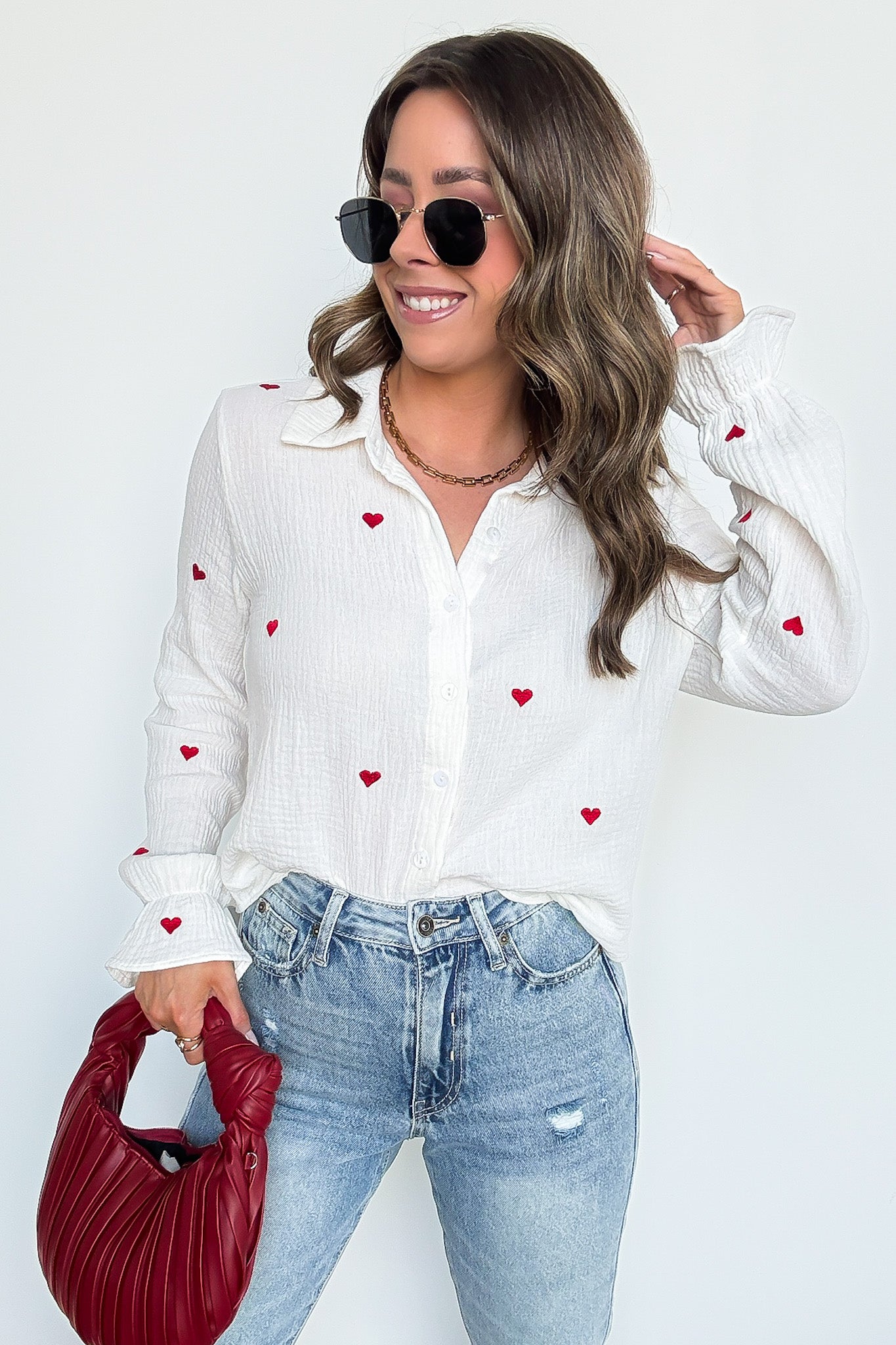 All You Need is Love Heart Embroidered Button Down - Madison and Mallory