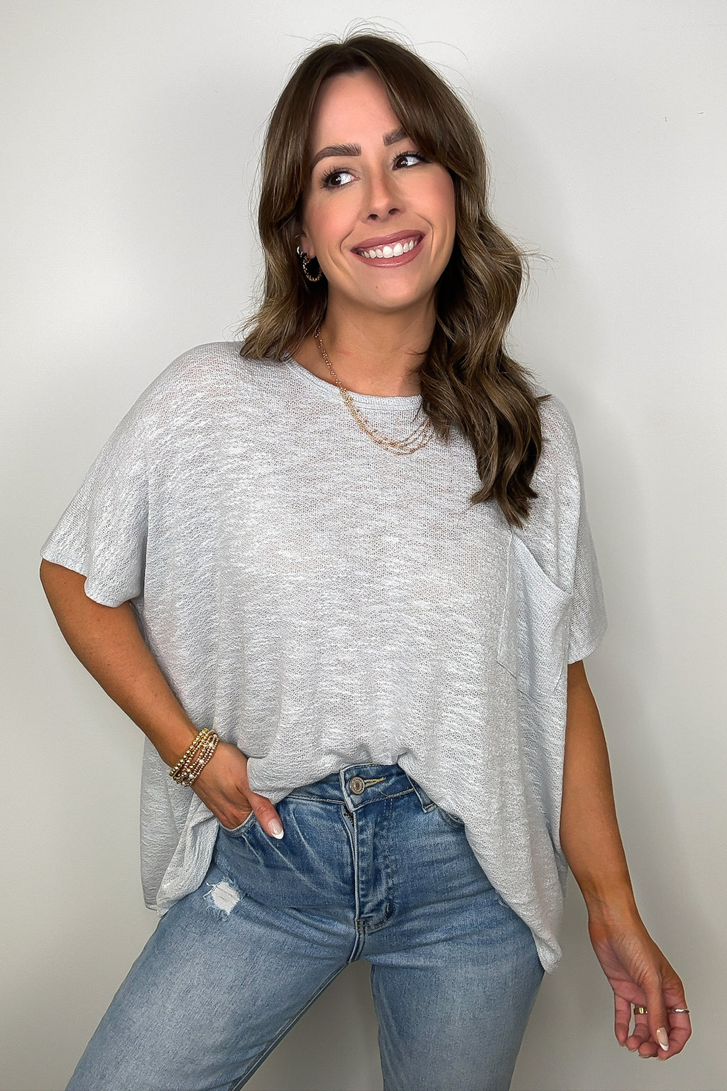 Light Gray / SM Zen Zone Oversized Semi-Sheer Knit Pocket Top - BACK IN STOCK - Madison and Mallory