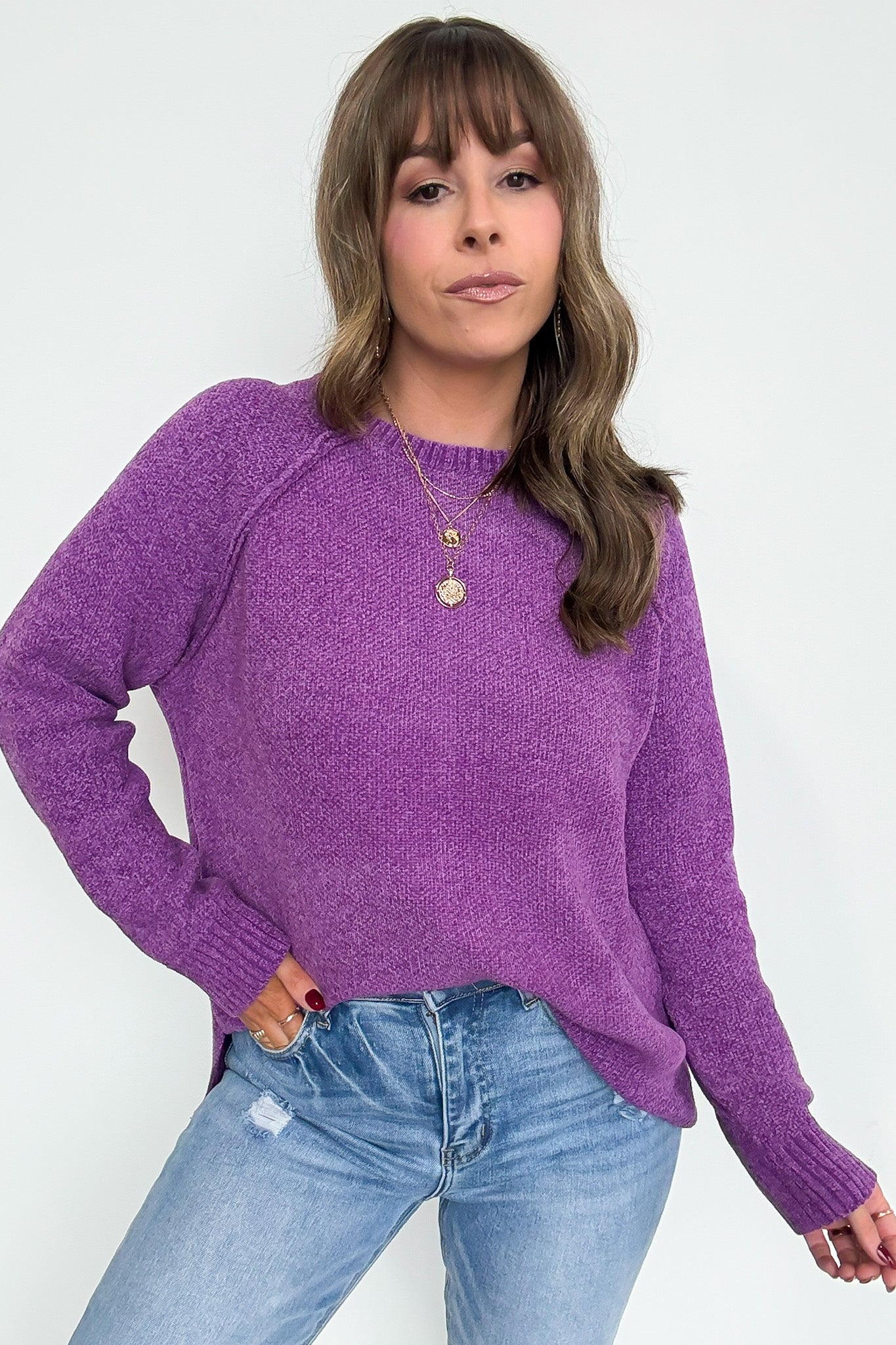 Violet / S Easily Endearing Chenille Knit Raglan Sweater - BACK IN STOCK - Madison and Mallory