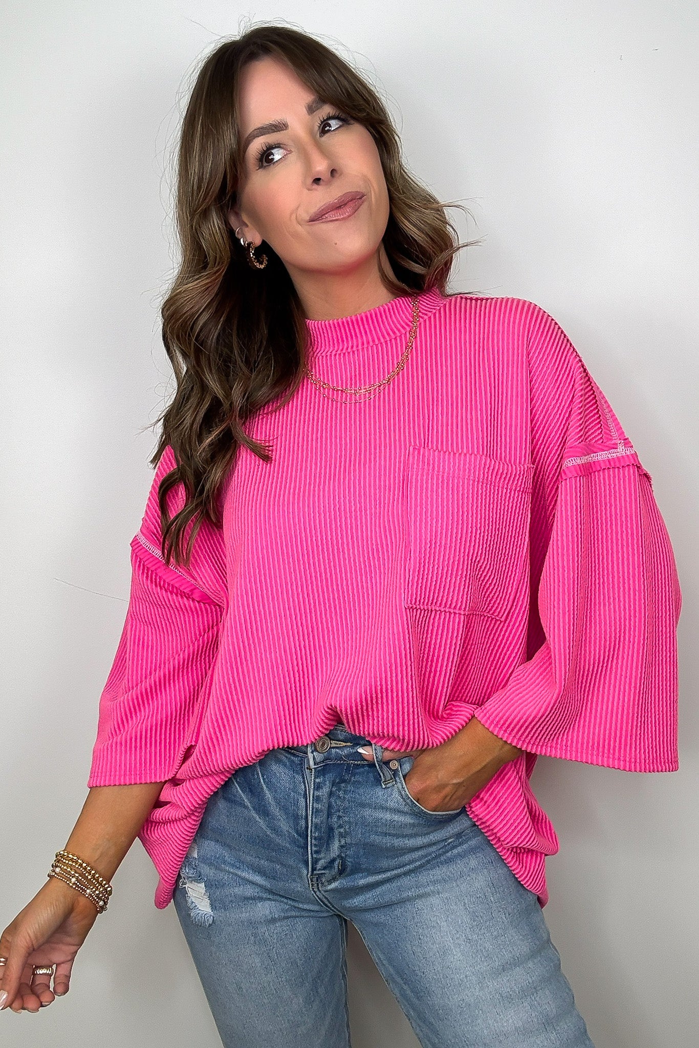 Farrah Reverse Stitch Rib Knit Pocket Tee - Madison and Mallory