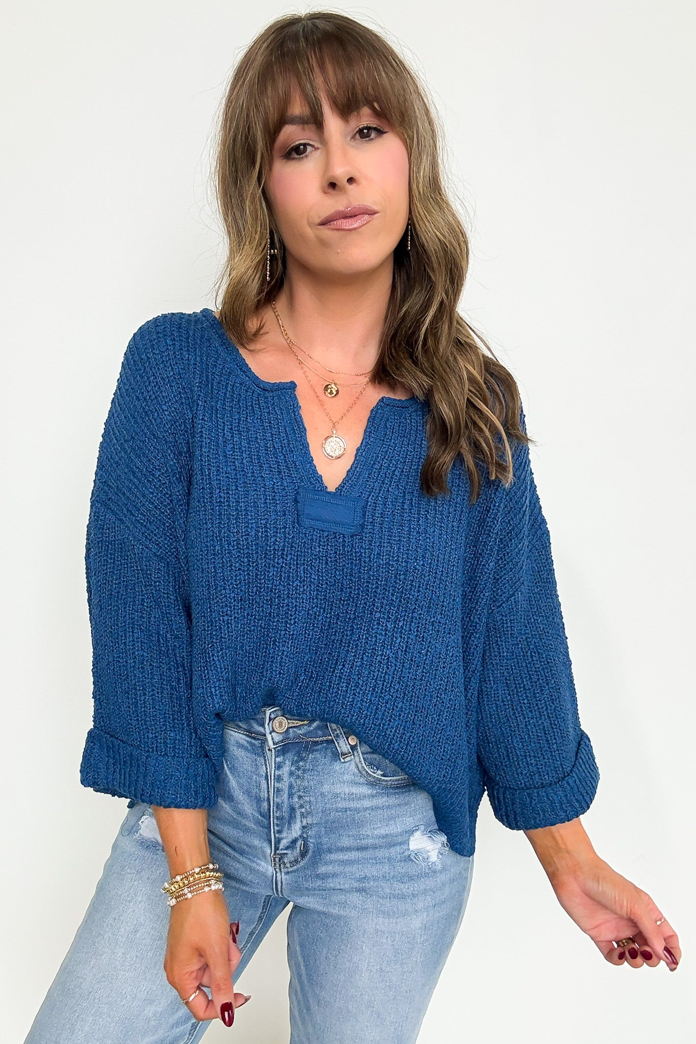 Leonie V-Neck Patch Knit Pullover - BACK IN STOCK - Madison and Mallory