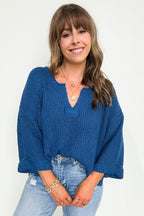 Classic Blue / SM Leonie V-Neck Patch Knit Pullover - BACK IN STOCK - Madison and Mallory