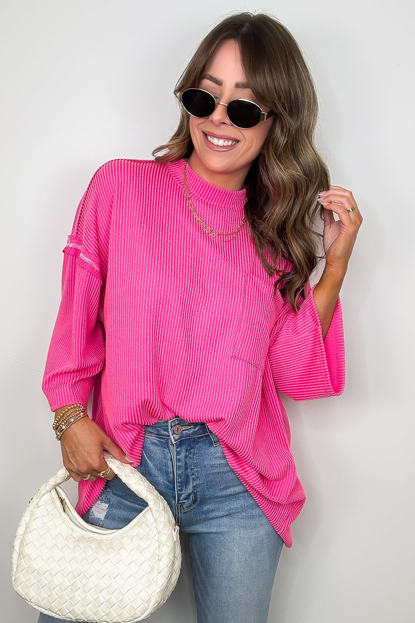 Hot Pink / S Farrah Reverse Stitch Rib Knit Pocket Tee - Madison and Mallory