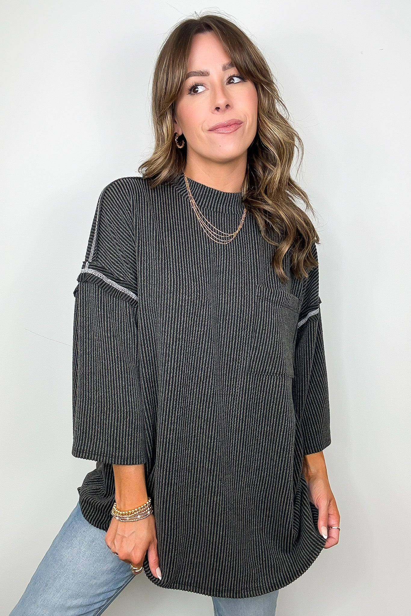 Farrah Reverse Stitch Rib Knit Pocket Tee - Madison and Mallory