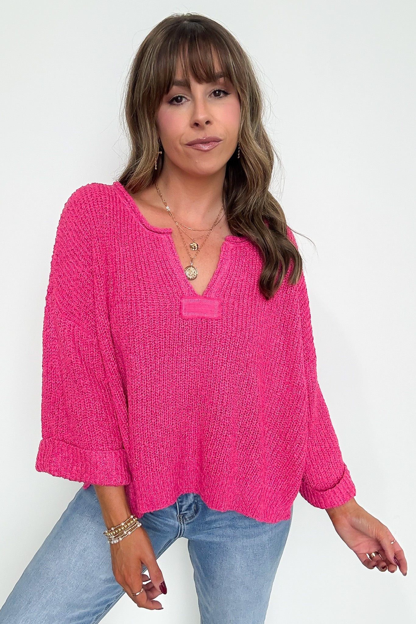 Leonie V-Neck Patch Knit Pullover - BACK IN STOCK - Madison and Mallory